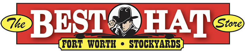Red, yellow, black, and white Best Hat Store logo. There is an icon of a cowboy wearing a cowboy hat in the center, and a small banner underneath that says Fort Worth Stockyards.